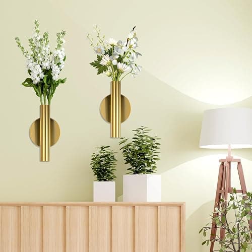 2 PCS Wall Vases for Flowers, Gold Flower Vase Metal Hanging Plant Holder Small Gold Vase Flowers Tube Wall Planter Hanging Vase for Modern Home Decor Display Dried Faux Flower Fake Flower thumbnail 7