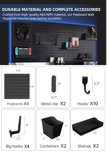 Zestify Pegboard Wall Organizer Kit, Modular Storage System, Black | 4 Modular 11.8" Pegboards with Hooks & Storage Baskets, Durable ABS/HIPS for Gaming, Office, Craft & Home Organization thumbnail 2