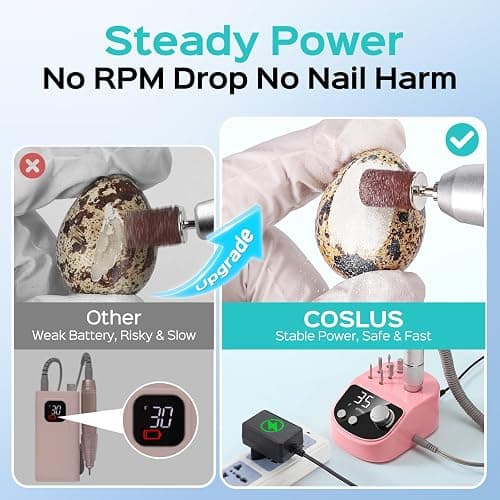 COSLUS E50 Professional Electric Nail Drill File with Upgraded Steady Power | 35000 RPM, LED Display, for Acrylic, Gel & Natural Nails, Easy to Use, Home DIY & Salon Use, Women, Nail Art Practice, Pink thumbnail 2