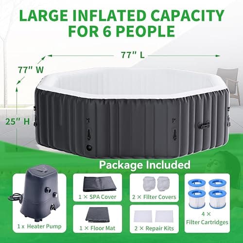 4-6 Person Inflatable Hot Tub, Polygon Portable Blow Up Hot Tub, Leak-Proof PVC Outdoor Spa with 130 Strong Air Jets, Heater Pump and Insulated Cover, 77” X 77”X 25” thumbnail 6