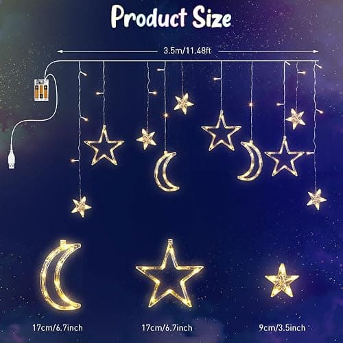 Riakrum 11.48 ft 21 LED Star and Moon String Lights Plug in Christmas Warm White Fairy Light Waterproof Decor for Bedroom USB Powered LED Curtain Light with USB Battery Box Cable Clip Wedding Party thumbnail 3
