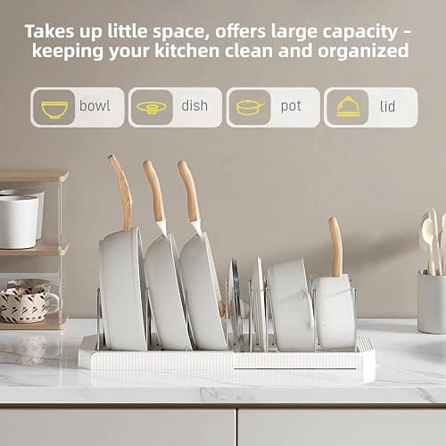 Silanit Expandable Pot and Pan Organizer Rack for Kitchen Cabinet or Under Sink, Adjustable Lid Holder with 7 Dividers, Space-Saving Storage for Renters, Small Homes, and Busy Cooks, White thumbnail 4