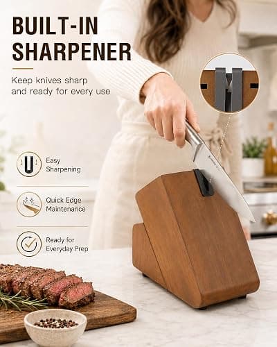 Astercook Knife Set, 15 Piece German Steel Kitchen Knife Set with Built-in Sharpener, One-Piece Knife Block Set Rust-Resistant Dishwasher Safe Block Knives Set for Cooking & Gift (Walnut Brown) thumbnail 6