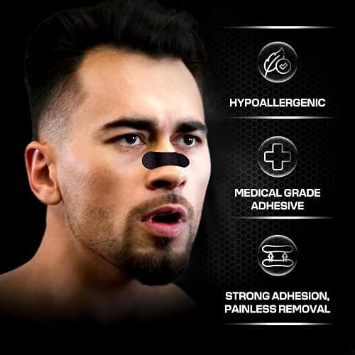 Performance Nose Strips for Breathing (60 Count) - Oil & Sweat Proof Adhesive - Athletic Nasal Strips for Snoring & Sleeping - Black, Wide, Universal Fit, Extra Strength Snoring Solution for Sleep thumbnail 8