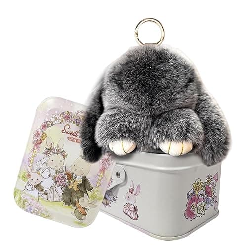 Bunny Keychain Keychain with Tin, Handmade Soft Bunny PomPom Charms for Christmas Birthday Gift - Image 1