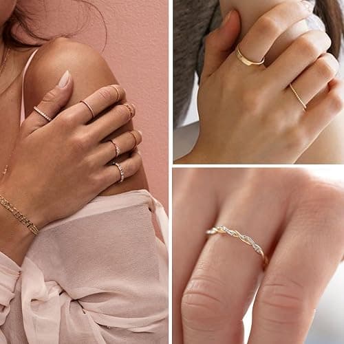 12 PCS Dainty 14K Gold Rings for Women, Eternity Open Chunky Twist Simulated Diamond Criss Cross Designs, Non Tarnish Gold Plated Stacking Thumb Ring, Perfect for Wedding Bands Size 5-11 thumbnail 4