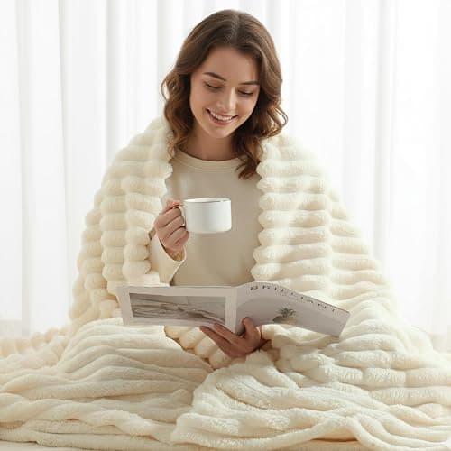 decorUhome Soft Fleece Beige Throw Blanket for Couch, Cozy Fluffy Plush Flannel Striped Blanket for Sofa Bed, Lightweight Decorative Ribbed Fuzzy Blanket for Woman, 50x60 Inches thumbnail 4