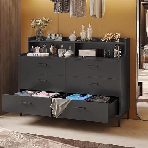 Hasuit Black Dresser for Bedroom with 6 Drawers and Storage Shelves, Wide Chest of Drawers with Sturdy Steel Legs, Large Wooden Storage Tower Dresser Organizer, Dressers for Bedroom, Clost, Entryway thumbnail 6