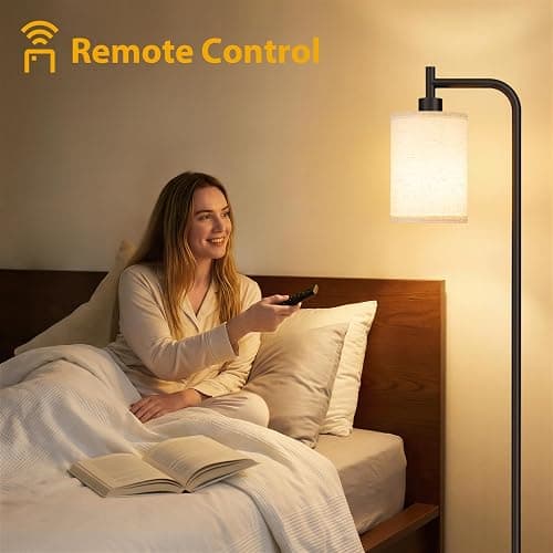 Ziisee 64" Floor Lamp with Remote Control, Dimmable Tall Standing Lamps for Living Room Bedroom Office Corner, 9W LED Bulb Included, Foot Pedal Switch, Beige Shade Black Pole thumbnail 3