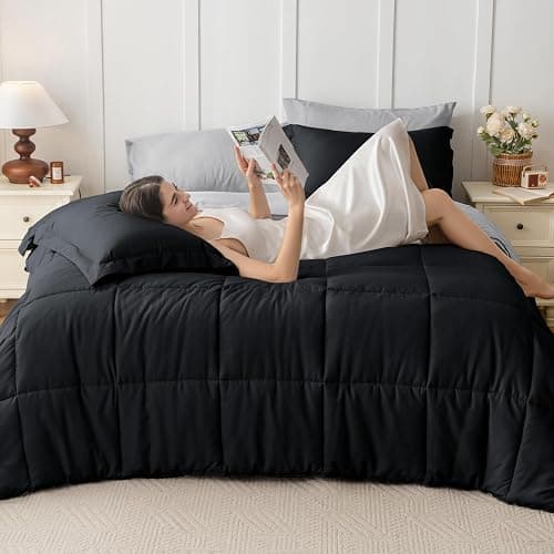 JOLLYVOGUE Full Comforter Set, Ultra-Soft Bed in a Bag Full Size 7 Pieces, Oeko-TEX Certified Bedding Set with Down Alternative Comforter, Sheets, Pillowcases & Shams, Black & Light Grey thumbnail 6