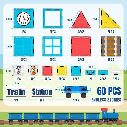 SKTMYY Magnetic Tiles Train Toys, Train Station Magnet Tiles for Kids Ages 4-8 with Magnetic Tiles Cars, Preschool Classroom Educations STEM Learning Montessori Toys Gifts for Toddler Boys and Girls thumbnail 4