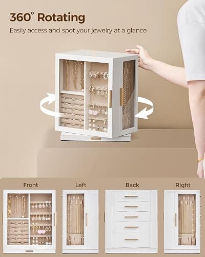 Glimmloop 360° Rotating Jewelry Box with 5 Drawers, Spacious Vertical Jewelry Organizer with Glass Window, Jewelry Storage Case, Dustproof & Moisture-resistant Design, White thumbnail 4