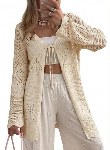 SHEWIN Crochet Cardigans for Women Long Sleeve Tie Front Bow Cardigan Sweaters Hollow Out Knit Summer Beach Vacation Coverups - Image 1