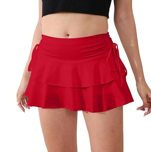 PRSFPN Women's Y2k Mini Ruffle Skirts with Shorts Cute Coquette Skort | Tiered layers, elastic waist, side drawstring, pleated, for tennis/country concert/festival/rave/party thumbnail 2