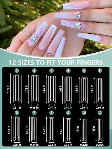 LIONVISON XL Square Nail Tips: 480PCS Extra Long NO C Curve Nails Tip | 2 Packs Natural and Clear Nail Tips - 12 Sizes Straight Tapered Square Press on False Nails Tip for Home DIY Long-Lasting thumbnail 6