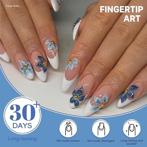 HOSAILY 3D Flower Press on Nails Medium Almond, Natural Nude Blue White French Tip Daily Press ons for Women, 24pcs Glossy Pretty Reusable Semi-Homemade Soft Gel Full Cover Stick on Fake Acrylic Nail thumbnail 3