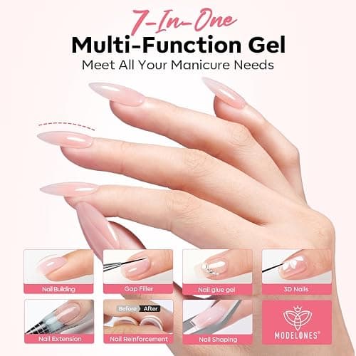 modelones Base Coat Builder Nail Gel, Clear Builder Nail Polish 7-in-One with Detachable Liner Nail Brush LED Lamp Cured Strengthener Color Rubber Base Coat for Apex Building Extension Thickening 10ml thumbnail 4