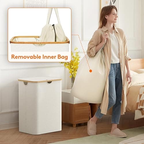 Lifewit 150L Laundry Basket with Lid, Clothes Hampers for Laundry with Bamboo Handles and 2 Removable Bag, Large Foldable Laundry Hamper for Bedroom, Bathroom, Dorm, Laundry Room, Off White thumbnail 4
