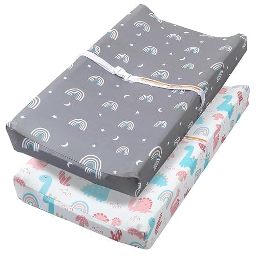 FHMJYH Changing Table Pad Cover Elastic Changing Pad Cover Premium Baby Changing Pad Cover 2 Pack for Boys Girls Soft and Comfortable (Rainbow and Dinosaur Park) - Rainbow and Dinosaur Park - Image 1