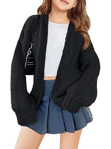 Haloumoning Girls Long Sleeve Cardigan Kids Casual Open Front Chunky Sweater Fall Outerwear 5-14Y - Image 1