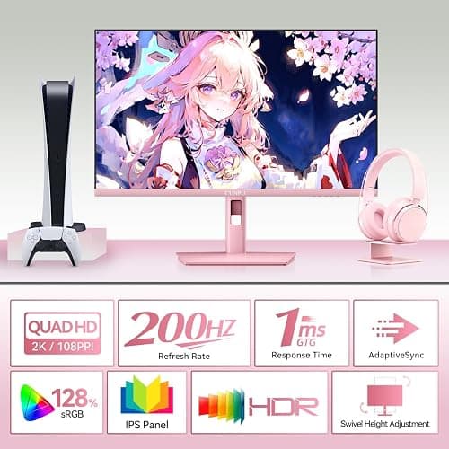 CUNPU 27 Inch Pastel Pink Gaming Monitor QHD 2560x1440 180/200Hz 1ms GTG Fast IPS Computer Monitor, 90% DCI-P3, Adaptive Sync, Built in Speaker, Height/Swivel/Tilt/Pivot Adjustable Stand, HDMI,DP thumbnail 2