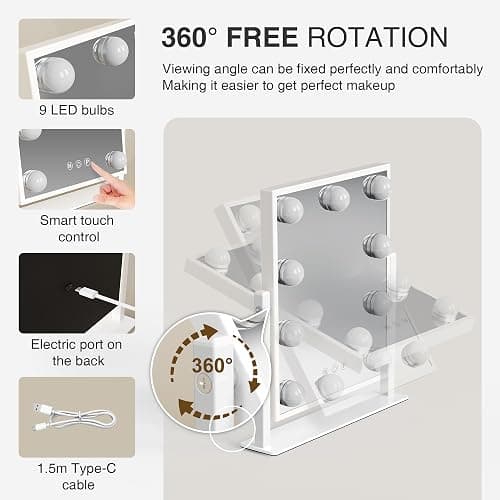 Makeup mirror with lights,Hollywood Vanity Mirror with 9 LED Bulbs，12" x 13.2" Plug in Makeup Mirror for Desk,Smart Touch Control 3Colors Dimmable, light up mirror for makeup,Bedroom,Tabletop,White thumbnail 5
