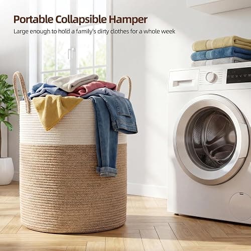 OIAHOMY Large Laundry Basket Hamper - 60L Cotton Rope Woven Basket for Blankets, Toys, Clothes - Tall Decorative Nursery Hamper with Long Handles, Brown/White thumbnail 3