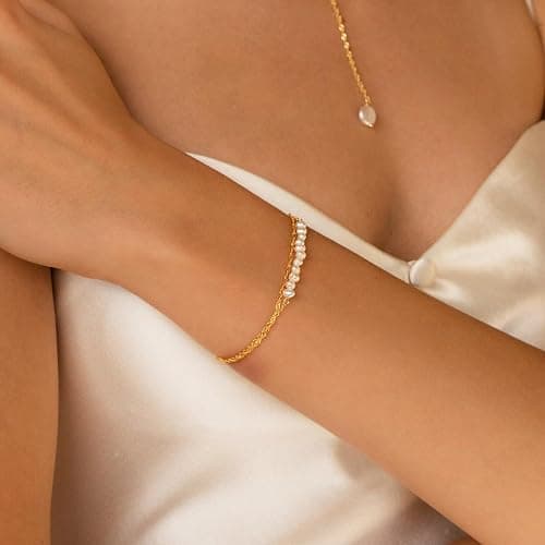 SLOONG Gold Bracelets for Women Trendy, 14K Real Gold Plated Dainty Stackable Pearl Snake Chain CZ Heart Pendant Bracelets, Layered Waterproof Jewelry Gift for Women Adjustable 6"+2" thumbnail 4