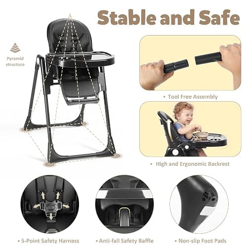 TODEFULL 3 in 1 Foldable Baby High Chair, Infant High Chairs for Babies and Toddlers, 6 Height & 5 Recline Adjustable Toddler Feeding Chair, 2 Tray Depth & 3 Footrest Angles, 2 Built-in Wheels, Black thumbnail 6