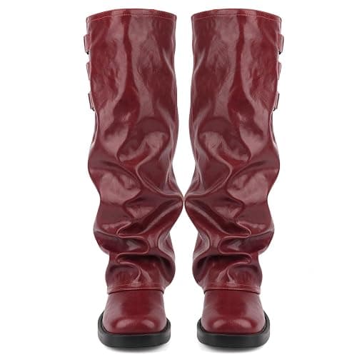 ClassicSter Fold Over Knee High Boots Slouch Boots for Women Chunky Goth Platform Boots,2 inch Heel Wide Calf Long Boots Square Toe Riding Boots thumbnail 6