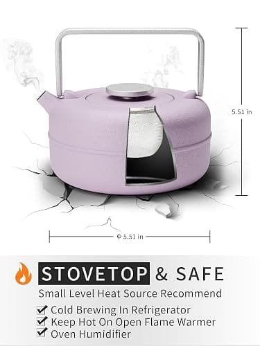 Toptier Teapot with Removable Infuser, Cast Iron Tea Kettle Stovetop Safe, Solid Geometry Cylinder Design Tea Pot Coated with Enameled Interior for 27 Ounce (800 ml), Purple thumbnail 3