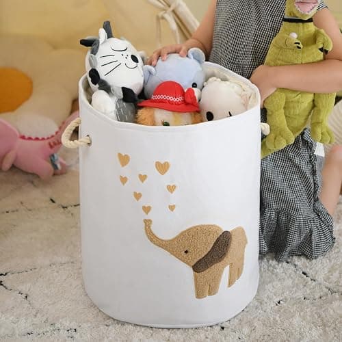 INough Baby Laundry Basket Laundry Hamper, Canvas 58L XL Baby Clothes Basket, Collapsible Brown Laundry Basket for Nursery Toy Baskets with Drawstring Closure, KidsRoom Decor for Boys thumbnail 2