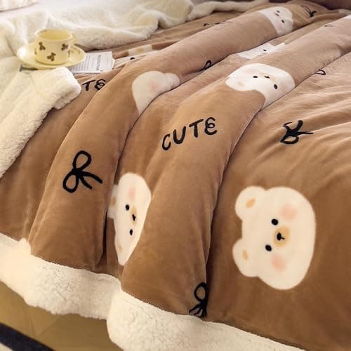 YYTCOZYY Cute Bear Print Blanket – Reversible Soft Fleece Sherpa Throw Blanket for Women, Cozy Warm Plush Blanket for Couch Bed Office, Camel Brown (80"x90") thumbnail 9