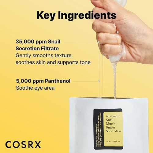 COSRX Snail Mucin Sheet Mask 10 EA with Snail Mucin Serum, Self Care, Face Masks for Dry, Sensitive Skin, Not Tested on Animals, No Parabens, No Sulfates, Korean Skin Care, Stocking Stuffers thumbnail 5