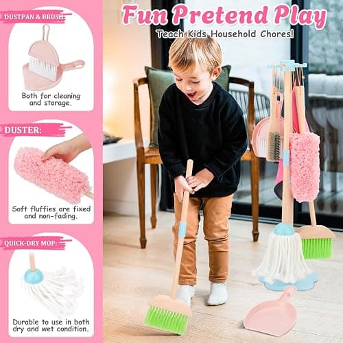 Kids Cleaning Set, Wooden Toddler Broom Set for Housekeeping, 7 Pieces Montessori Cleaning Toys with Kids Broom and Mop Set, Housework Pretend Play Toy Gift for Boys Girls Ages 3+ thumbnail 6