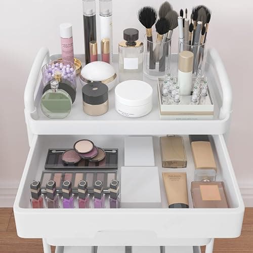 Calmootey 3-Tier Rolling Utility Cart with Drawer,Multifunctional Storage Organizer with Plastic Shelf & Metal Wheels,Storage Cart for Kitchen,Bathroom,Living Room,Office,White thumbnail 9