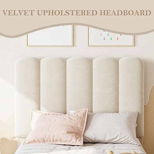 IDEALHOUSE Twin Bed Frame with Storage Drawer and Headboard, Velvet Upholstered Twin Platform Bed Frame for Girls, Strong Wooden Slats Support, Noise-Free, Easy Assembly (Beige) thumbnail 5
