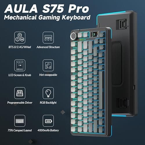 AULA S75 PRO Wireless Mechanical Keyboard with Screen&Knob, Tri-Mode Hot Swappable Gaming Keyboard 75%, Pre-lubed Switches, RGB Backlit, Side Printed PBT Keycaps, Creamy Sounding Computer Keyboards thumbnail 2