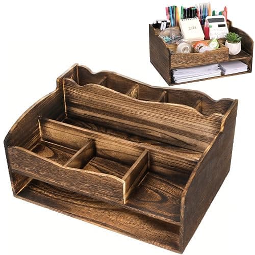 Covzoe Wood Desk Organizer with File Organizer, Vintage Pen Pencil Holder with 9 Compartments, Rustic Makeup Storage Display Case Countertop, Art Supplies Organizers for Home Office - Image 1