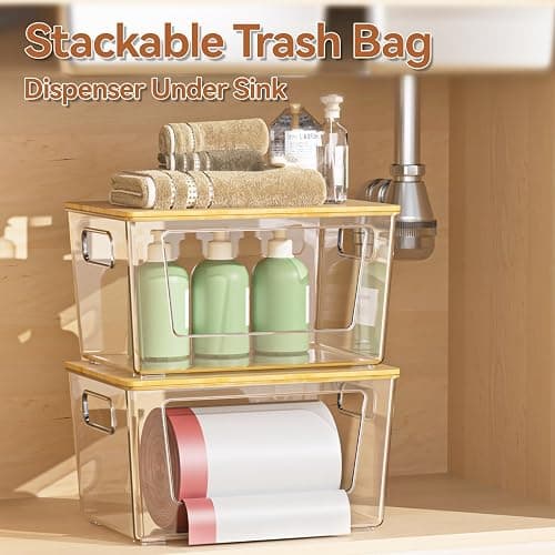 spospo 2 Pack Trash Bag Holder with Bamboo Lid Stackable Trashbag Dispenser | Extra Large Garbage Bag Holder for Kitchen Laundry Room Under Sink Organization and Storage thumbnail 3