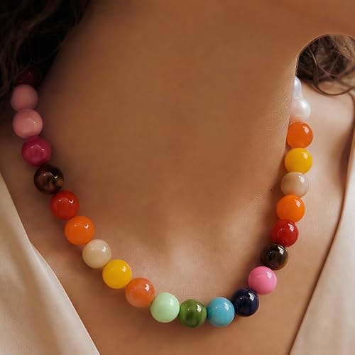 ZHDHDQ Multicolor Chunky Beaded Necklace, Statement Colorful Round Ball Beads Choker Necklace with Gold-Tone Adjustable Chain, Fashion Bold Neck Jewelry for Women thumbnail 3