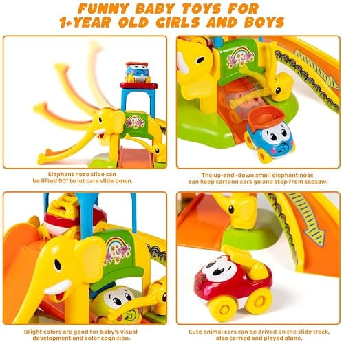 Marstone Toddler Toys for 1 2 Year Old Boys and Girls Gifts: Educational Elephant Slide with 4 Animal Car Toys for Baby 12-18 Months, First Birthday Gifts for Kids, Learning Push Truck Tracks Age 1-2 thumbnail 4