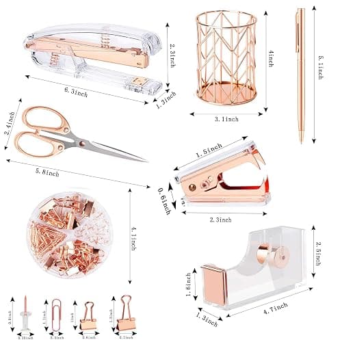 Famassi Rose Gold Desk Accessories，Office Supplies Set Acrylic Stapler Set Staple Remover, Tape Holder, 2 Ballpoint Pen, Scissor, Binder/Paper Clips and 1000pcs Staples. thumbnail 3