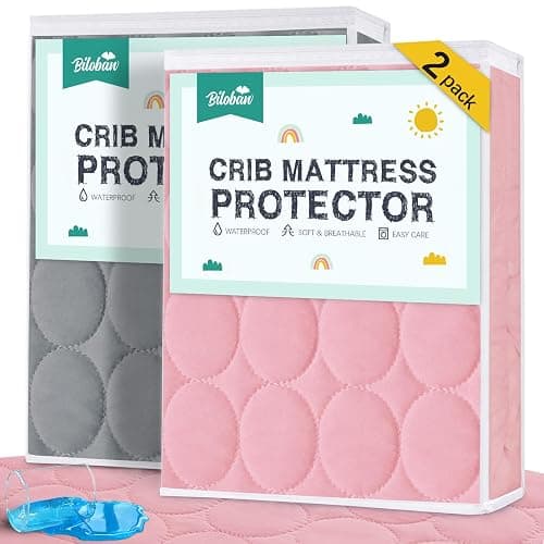 Crib Mattress Protector Sheets Waterproof 2 Pack, Quilted Crib Mattress Pad Cover Fitted Fits for Baby Toddler Bed Mattress, Grey & Pink, 52” x 28” - Image 1