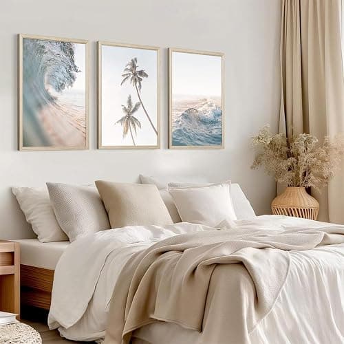 Beach Wall Art Pictures Coastal Canvas Wall Decor Ocean Waves Poster Blue Beach Scene Artwork Palm Tree Art Coastal Landscape Prints for Living Room Bedroom 12x16 Inch Framed Set of 3 thumbnail 4