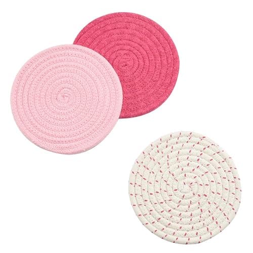 Kitchen Potholders Set Trivets Set 100% Pure Cotton Thread Weave Hot Pot Holders Set (Set of 3) Stylish Coasters, Hot Pads, Hot Mats, Spoon Rest For Cooking and Baking by Diameter 7 Inches (Pink) thumbnail 4