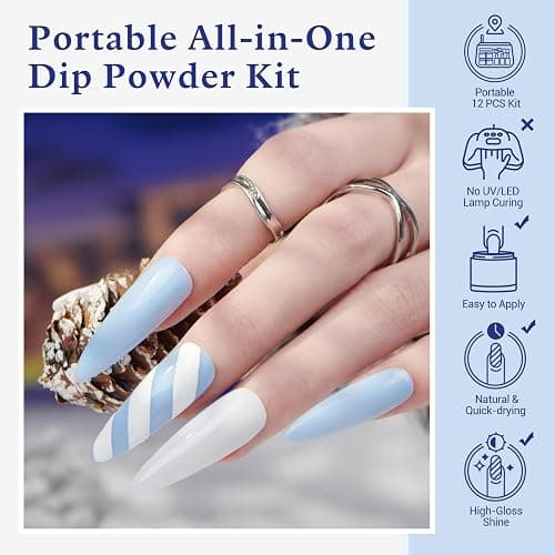 AZUREBEAUTY Dip Powder Nail Kit Winter White Navy Blue Glitter 4 Colors Acrylic Dipping Powder Liquid Set with Base/Top Coat Activator for French Nail Art Manicure DIY Gift for Women thumbnail 3