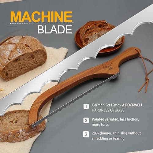 Uibkor Wooden Bread Bow Knife, 16" Serrated Sourdough Cutter, Premium Stainless Steel Serrated Saw Bread Cutter, Bagel Slicer Knife for Homemade Bread, Bagels, Baguettes and More, Sourdough knife thumbnail 5