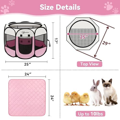 Siedihit Dog Cat Playpen, Puppy Pet Playpen Indoor for Small Dog Crate Tent Cage Outdoor, Portable Pop Up Dogs Enclosure Kennel with Carrying Case for Dogs/Cats/Rabbits(Pink, Small with pad) thumbnail 3
