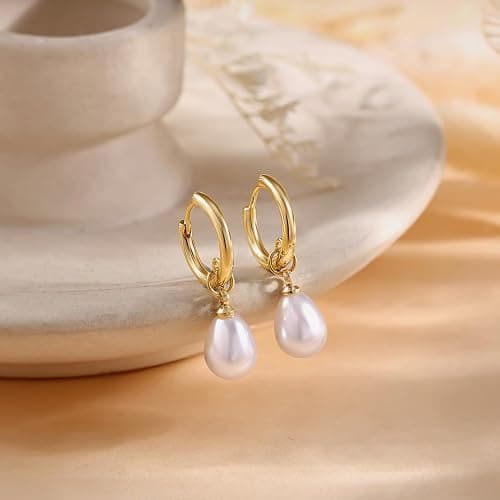 Robaice Pearl Earrings for Women, 14K Gold Plated Dangle Drop Earrings | Small Pearl Drop Huggie Hoop Earrings, Hypoallergenic Dainty Gold Earrings, Wedding Jewelry Gifts for Women Trendy thumbnail 3